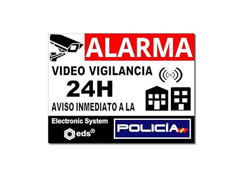 Pegatinas Alarma Videovigilancia 24H – Estilo Policía Gran Formato 14,8x10,5 cm – Set 8 Stickers Disuasorios Fondo Blanco | Seguridad Hogar, Garaje, Tienda