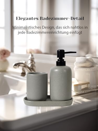 Autumnlife Keramik Badezimmer Zubehör Set Grau, 3-Teilig Bad Set Steinoptik Badzubehör mit Schmal Seifenspender, Zahnputzbecher & Ablageschale, Praktisch für Bad, Waschbecken, Hotel