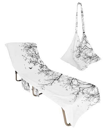 Black White Beach Chair Towel Covers for Chaise Lounge with Side Pocket, Soft Plush Pool Towels Cover for Patio Sunbathing Outdoor 29''x85'' Abstract Forest Tree Branch Watercolor