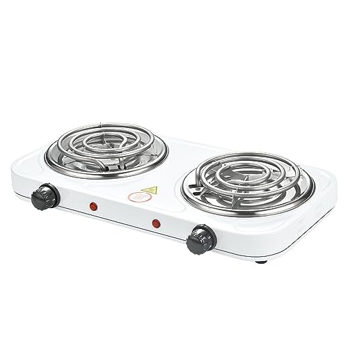 Compact and Portable Countertop Burner- Countertop Double Coiled Burner 2000 Watts Electric Hot Plate Temperature Controls White
