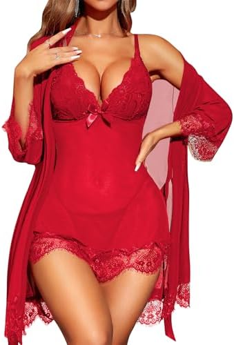RSLOVE Sexy Dessous für Damen Spitzen-Babydoll mit Morgenmantel Nachtkleid Nachtwäsche