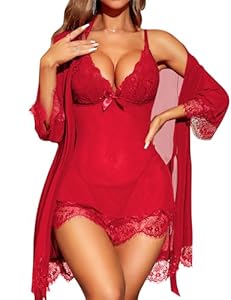 RSLOVE Dameslingerie, sexy babydoll van kant, nachtjapon, volledige pyjamaset, ondergoed, mesh gewaad, Rood, XXL