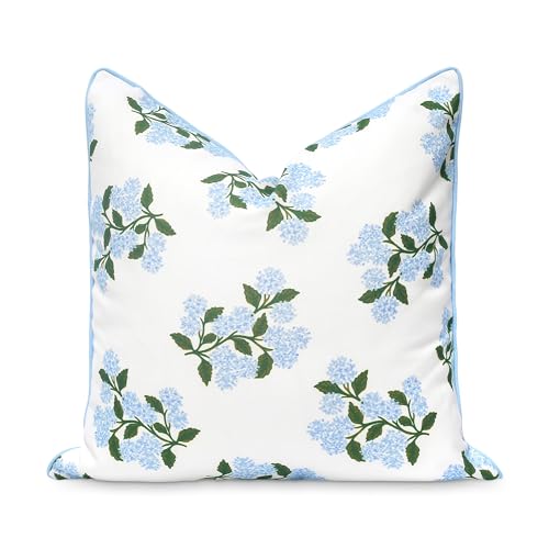 Hofdeco Premium Coastal Patio Indoor Outdoor Throw Pillow Cover Only 20x20 Water Repellent for Backyard Couch Baby Blue Print Hydrangea Flower