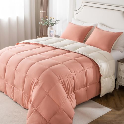 KASENTEX Queen Comforter Set – Reversible Dual Color – Goose Down Alternative – Ultra-Soft, Lightweight, Machine Washable, Maintain Fluffiness, All Season Warmth (Rose/Beige)
