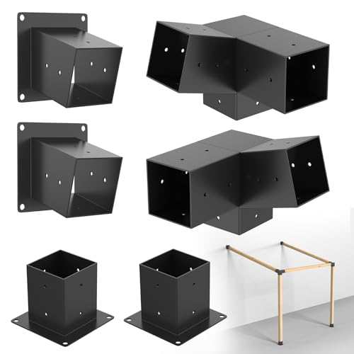 TFMUZERT 15° Slanted Roof Pergola Brackets, 3-Way Roof Wall Mount Extension Pergola Kit, Angled 4''x4'' Wood Post Base Bracket, Corner Bracket for Gazebos, Patio Pergolas, Log Cabin (6PCS)