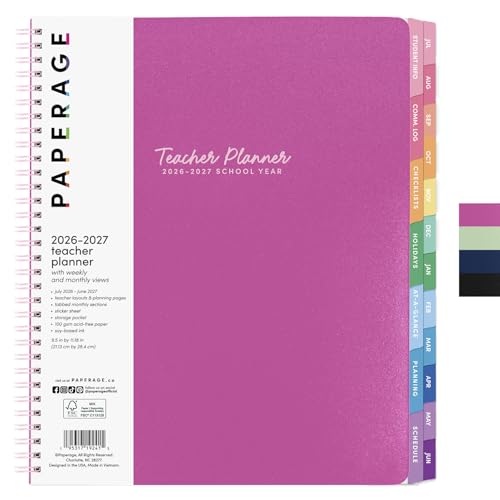 PAPERAGE Teacher Planner Weekly & Monthly Academic Planner & Calendar 12-Months July 2026 - June 2027 (9.5 x 11) Teacher Lesson Planning Book with Tabs Stickers & Inner Pocket Raspberry