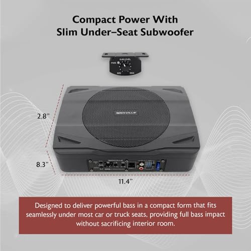 Image of Rockville SS8P 8 inch Slim Under-Seat Powered Car /Truck Subwoofer | 400W Peak, 100W RMS, Active Sub, High & Low Level Inputs, Auto Turn-On, Bass Knob, Cast Aluminum Enclosure