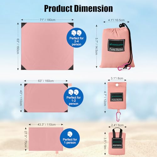 Odoland Outdoor Pocket Travel Blanket Beach Mat - Waterproof Sand Proof Beach Blanket, Picnic Mat - Multi Colour and Sizes - Portable Lightweight for Camping, Picnic Pink M - Image 3