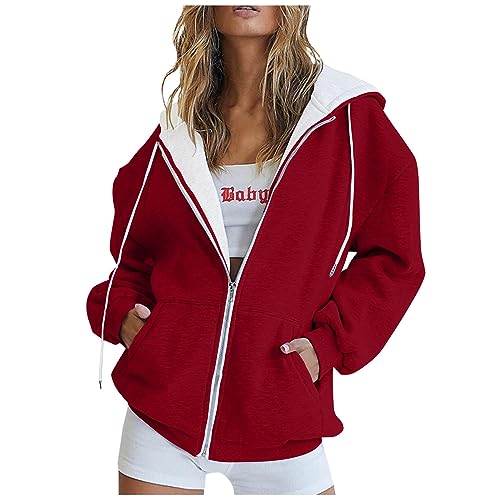 Womens Zip Up Hoodies Long Sleeve Solid Oversized Y2K Jacket with Pockets Casual Sweatshirts