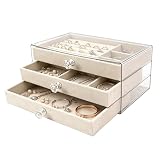 Portagioie donna a 3 livelli, porta gioielli con cassetti estraibili, organizer gioielli in acrilico trasparente con interno in velluto, scatola porta gioielli per anelli, collane e orecchini, Beige
