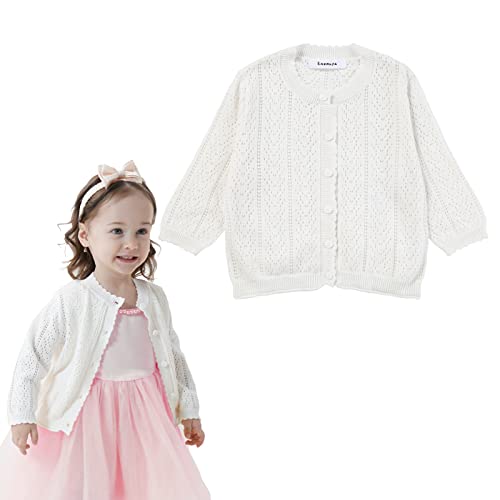 Girls' Knitted Cardigan Long-Sleeved Round Neck Spring Thin Sweater Newborn Baby Girl Cotton Heart-Shaped Sweater Coat (As1, Age, 5_Years, 6_Years, White B) #TOP4