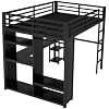 Queen Loft Bed with Desk and Storage Shelves, Queen Loft Bed with Wardrobe, Hanging Rod, Guardrail and Ladder, Balck