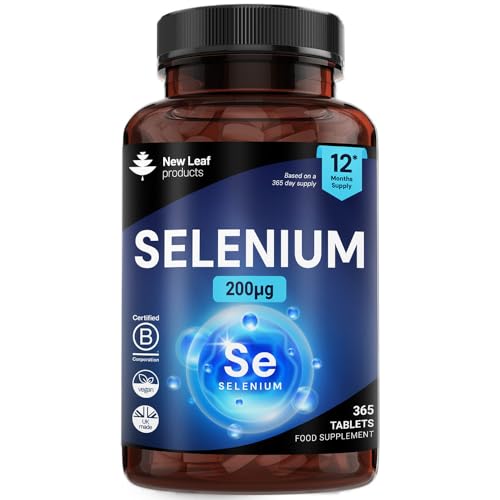 Selenium Tablets - 365 Vegan Selenium Tablets 200µg Per Serving - Supports Normal Immune System & Thyroid Function - 12 Month Supply Made in The UK by New Leaf