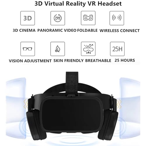 VR Headset Virtual Reality Glasses for iPhone and Android Phones, Foldable 3D VR Goggles Set Bundle with Bluetooth Headphones for Both Adults and Kids Play 3D VR Games Movies, Black - Image 3