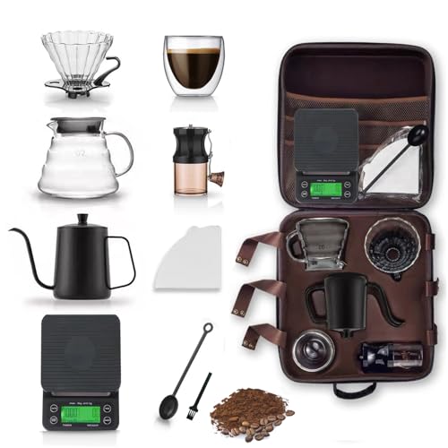 HJB VISSO Coffee Maker Set 10 Pack V60 Pour Over Drip Coffee Set Coffee Serving Sets Travel Coffee Kit with Coffee Grinder Server Kettle Filter Scale & Glass Drip Funnle Set-All in Gift Bag