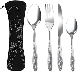 4 Pcs Cutlery Set with Portable Pouch Case, Stainless Steel Knife and Fork Flatware Set Camping Utensil Set for Picnic School Office Mirror Polished Dishwasher Safe