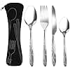 4 Pcs Cutlery Set with Portable Pouch Case, Stainless Steel Knife and Fork Flatware Set Camping Utensil Set for Picnic School Office Mirror Polished Dishwasher Safe(Black)