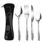 4 Pcs Cutlery Set with Portable Pouch Case, Stainless Steel Knife and Fork Flatware Set Camping Utensil Set for Picnic School Office Mirror Polished Dishwasher Safe(Black)