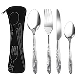 4 Pcs Cutlery Set with Portable Pouch Case, Stainless Steel Knife and Fork Flatware Set Camping Utensil Set for Picnic School Office Mirror Polished Dishwasher Safe(Black) - Image 1