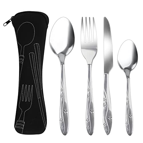 4 Pcs Cutlery Set with Portable Pouch Case Stainless Steel Knife and Fork Flatware Set Camping Utensil Set for Picnic School Office Mirror Polished Dishwasher Safe(Black)