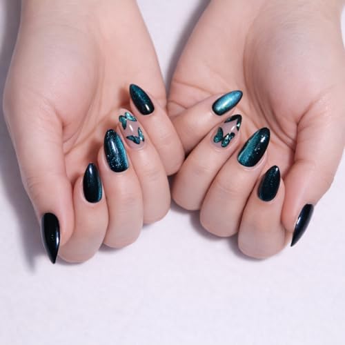 Image of SUSA SOUL24 Pcs ReusablePress On Nails Fake Nails with Glue and Kit| Midnight Aurora ButterfliesHigh Gloss Press On Nails | ABS Material UV Protected Long Lasting Finish | Reusable Customizable Nail Kit |Almond Nails salon fresh look (Green - Medium Almond)