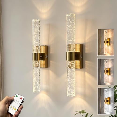 Image of LED Crystal Battery Operated Wall Sconce Set of 2, Gold Rechargeable Battery Powered Wall Lights with Remote, 3 Color Dimmable Wall Lamp for Living Room Bathroom Hallway