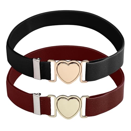 2 Pcs Girls Elastic Waist Belts, Fashion Waistband with Heart Clasp Adjustable Stretch Elastic Waist Belts for Girls Women Dress Jeans Pants Decoration (Brown, Black)