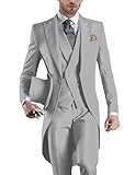 Wrycay Men's Suit 3 Piece Slim Fit Tailcoat Tux for Wedding Banquet Party Long Tail Tuxedos Double Breasted Vest & Pants Set, Silver Grey, M