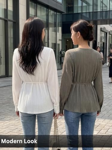 Image of Leriya Fashion Women's V-Neck Pleated Tunic Top - Long Sleeve Drawstring Waist Summer Blouse, Lightweight Casual Shirt for Office, Travel, Daily