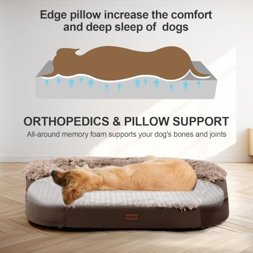 Image of Fluffy Calming Jumbo Orthopedic Dog Beds for Extra Large Dogs, Supportive Dog Sofa Bed with 3.7 inch 28D Egg-Crate Foam, Removable Washable Plush Cover, Waterproof Lining, 48'',Brown