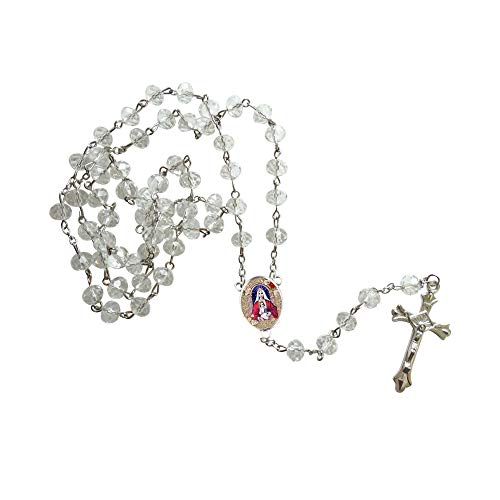 Virgen de Coromoto Patrona de Venezuela Clear Quartz Cristal Faceted Rondelle 8mm Beads Rosary with Silver Plated Medal Centerpiece and Findings Includes a Prayer Card