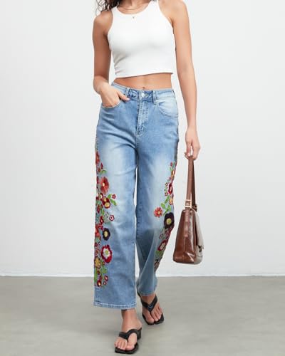 Straight Leg Cropped Jeans for Women Trendy Mid Rise Floral Print Boho Casual Denim Ankle Pants3