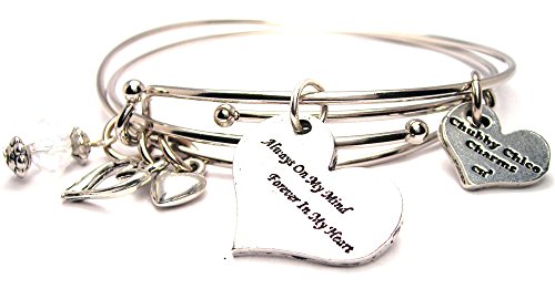 ChubbyChicoCharms Always On My Mind Forever in My Heart Adjustable Bangle Charm Bracelet Set of 2