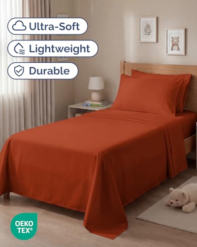 Image of Twin 4 Piece Bed Sheet Set - Soft, Breathable & Cooling Sheets - Terracotta | Ultra Soft Hotel Luxury Bedding Set with 8-16 Inch Deep Pockets, 1 Flat & 1 Fitted Sheet & 2 Pillowcases, Wrinkle & Fade Free
