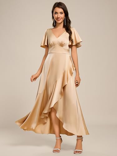 Image of Ever-Pretty Women's V Neck Satin Short Sleeves Ruffle Hi-Lo Midi Bridesmaid Dress 02336