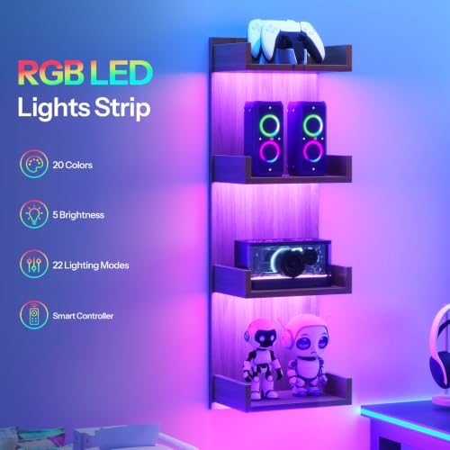 Image of HOOBRO Floating Wall Shelves with LED Lights, Floating Shelf Wall Mounted | Shelf for Storage, Vertical Display Stand, Modern Column Rack, for Bedroom, Livingroom, 4-Tier, 35.4 Inches, Walnut