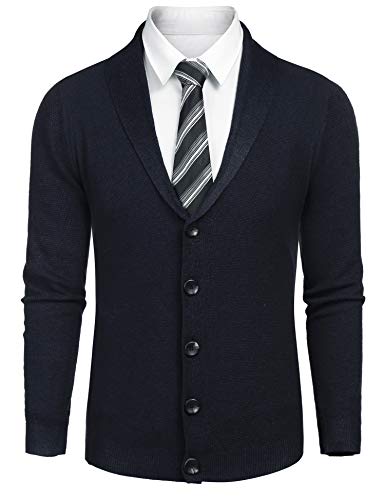 JINIDU Men's Long Sleeve Shawl Collar Cardigan Sweater Slim Fit Casual Button Down Knitted Cardigan Navy Blue