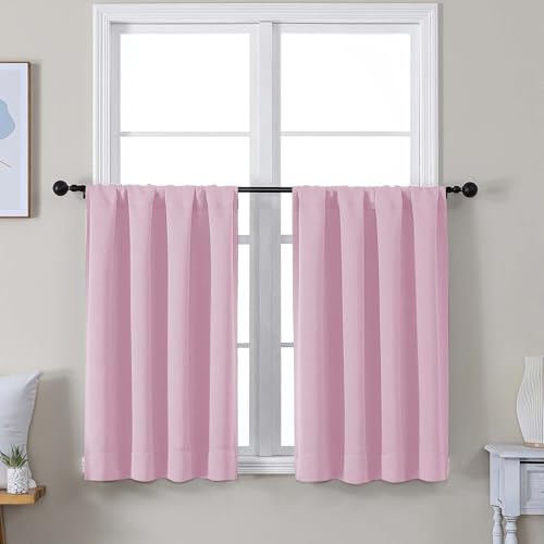 Image of Simplebrand Ava Pink Short 36 Inches Blackout Curtain 2 Panels Set, Half Window Rod Pocket Privacy Curtain Tiers for Kitchen, Curtains Blackout for Bathroom Shades, W40 x L36 Inch, Pink