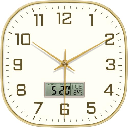 Image of STAR WORK 12 inch Inch Square Silent Non-Ticking Quartz Movement Wall Clock with Analog & Digital Display | Easy-to-Read Numbers | Modern Design for Living Room, Bedroom or Office (White - Gold Digital)