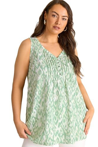 Image of EVANS Curve Green Ikat Print Sleeveless Henley Top - Women's - Plus Size Curve