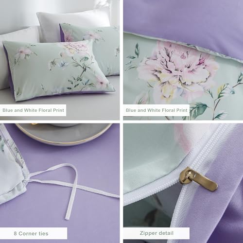 Image of BOLINLIVING Floral Duvet Cover Full Size 3 Pieces, Flower Duvet Cover with 2 Pillow Shams, Soft Floral Bedding Set Sage Green and Purple for All Season, Breathable, Zipper Closure