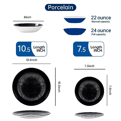 Image of Bestone 12 Piece Round Kitchen Dinnerware Sets,Plates and Bowls sets,Dishes, Plates, Bowls, Dish Set,Plates and Bowls,Service for 4, Chip Resistant Porcelain ,Starburst Turquoise Black