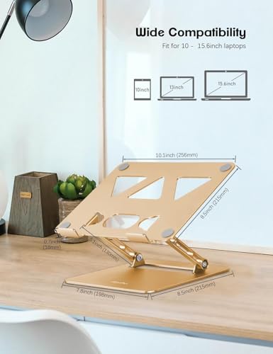 Image of Aoviho Adjustable Laptop Stand for Desk,Portable Laptop Stand Holder and Riser,Foldable Aluminum Notebook Computer Stands for MacBook Air Pro HP Lenovo Dell Samsung Chromebook, 10-15.6 inch, Gold