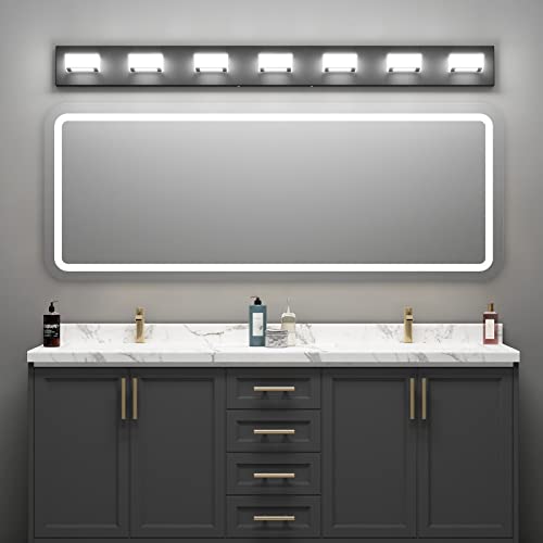 Image of Ralbay 46 inch LED Modern LED Black Vanity Lights Fixtures 7 Lights Acrylic Matte Black Vanity Lights Modern Black Bathroom Wall Lighting Over Mirror