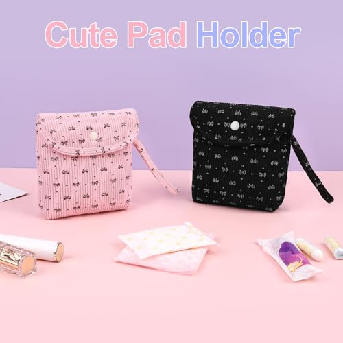 Image of Bow Corduroy Sanitary Pad Pouch Soft Discreet Pad Bags for Period for Women Cute Nursing Pad Holder Menstrual Cup Tampon Pouch First Period Gift Feminine Bag (Pink)