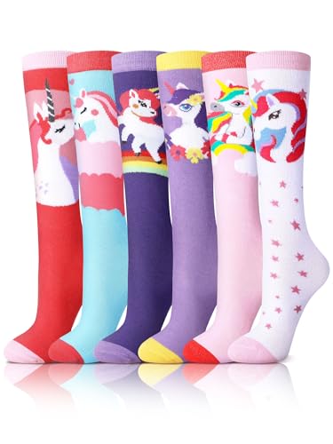 Fourluoo 6 Pairs Kids Girls Knee High Socks Cotton Unicorn Long Boot Socks Cute Animal Pattern Long Tube Sock for Girls