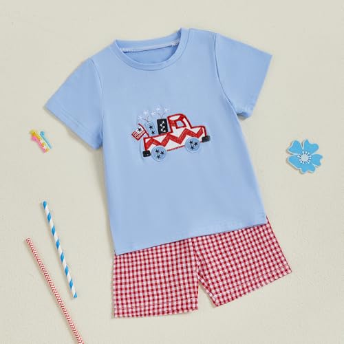 Image of Kayotuas Fourth Of July Toddler Boy Outfit Baby American Flag Clothes Patriotic Shirt Striped Gingham Shorts 2Pcs Summer Sets