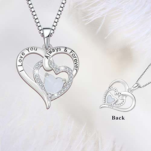 Oskinia Women Heart Necklace 925 Sterling Silver June Birthstone Moonstone 3A Cubic Zirconia I Love You Pendant With Chain Gifts For Girlfriend Grandma Wife Mom #TOP3