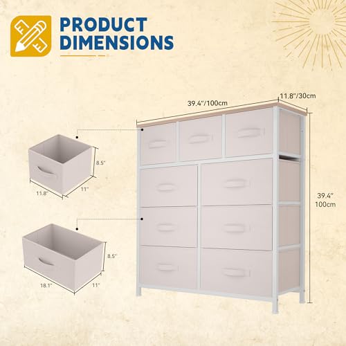 DWVO Dresser with 9 Drawers - Fabric Storage Tower, Organizer Unit for Living Room, Hallway - Sturdy Steel Frame, Wooden Top & Easy Pull Fabric Bins