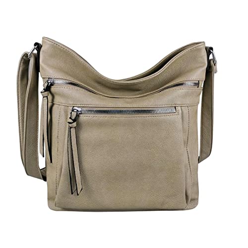 OBC Damen Tasche Schultertasche Shopper Umhängetasche Crossover Crossbody Henkeltasche Beuteltasche Handtasche Hobo Bag Reise Kunst-Leder Taupe